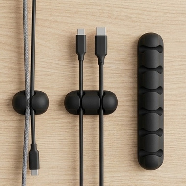 Organizador de cables ERGORA — los 3 tamaños sobre el escritorio
