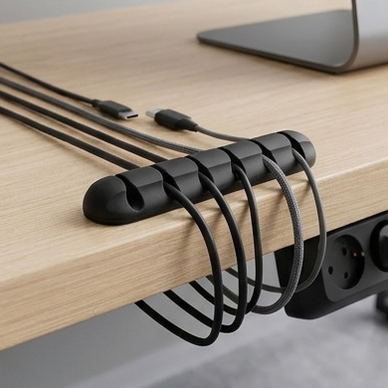 Organizador de cables ERGORA — bajo la mesa con regleta