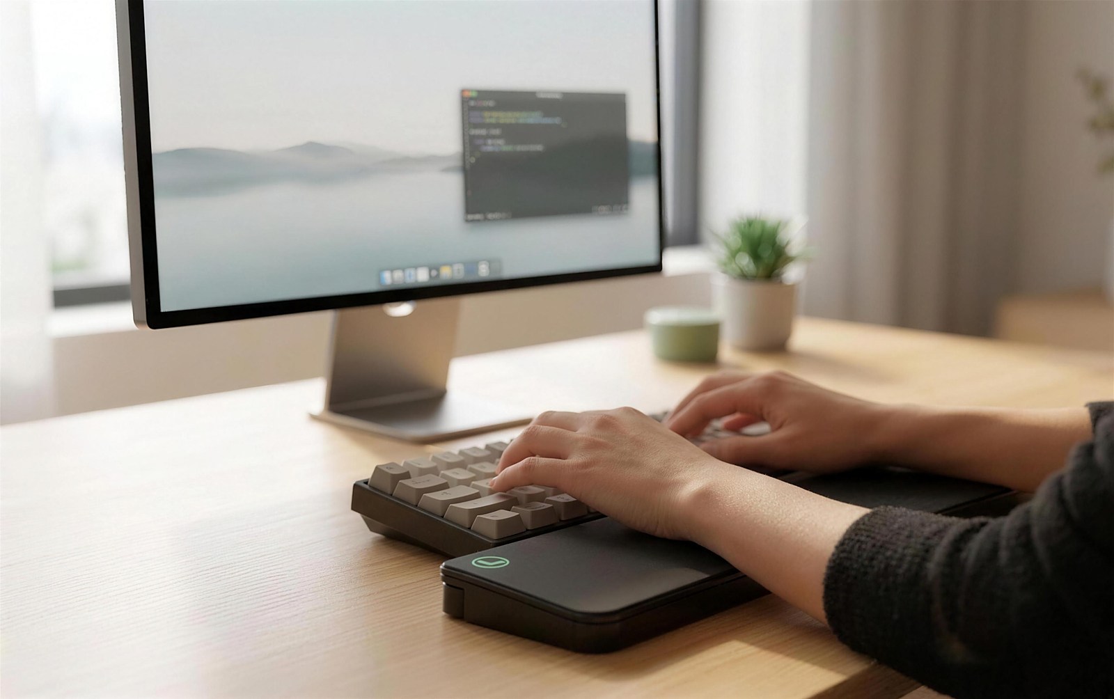Antebrazos apoyados en el reposamuñecas de teclado ERGORA mientras se teclea