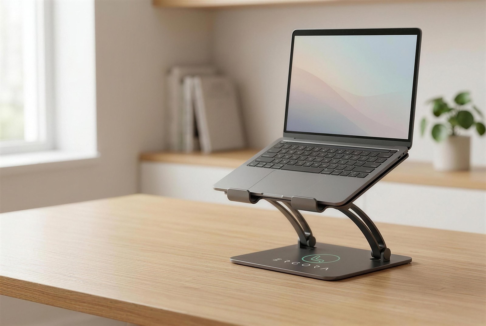Soporte de portátil ERGORA de aluminio con un portátil elevado en un escritorio